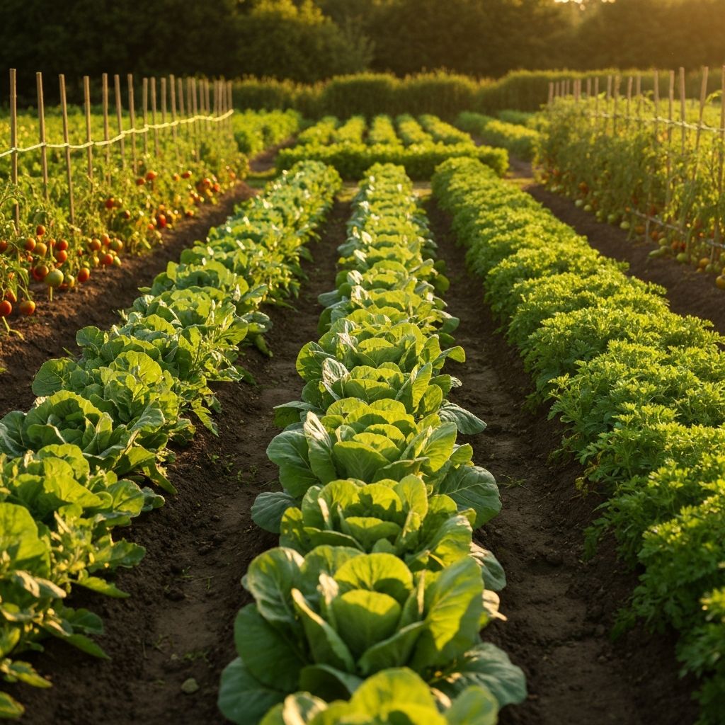 Lush green vegetable garden with rows of leafy greens and tomatoes in golden hour sunlight