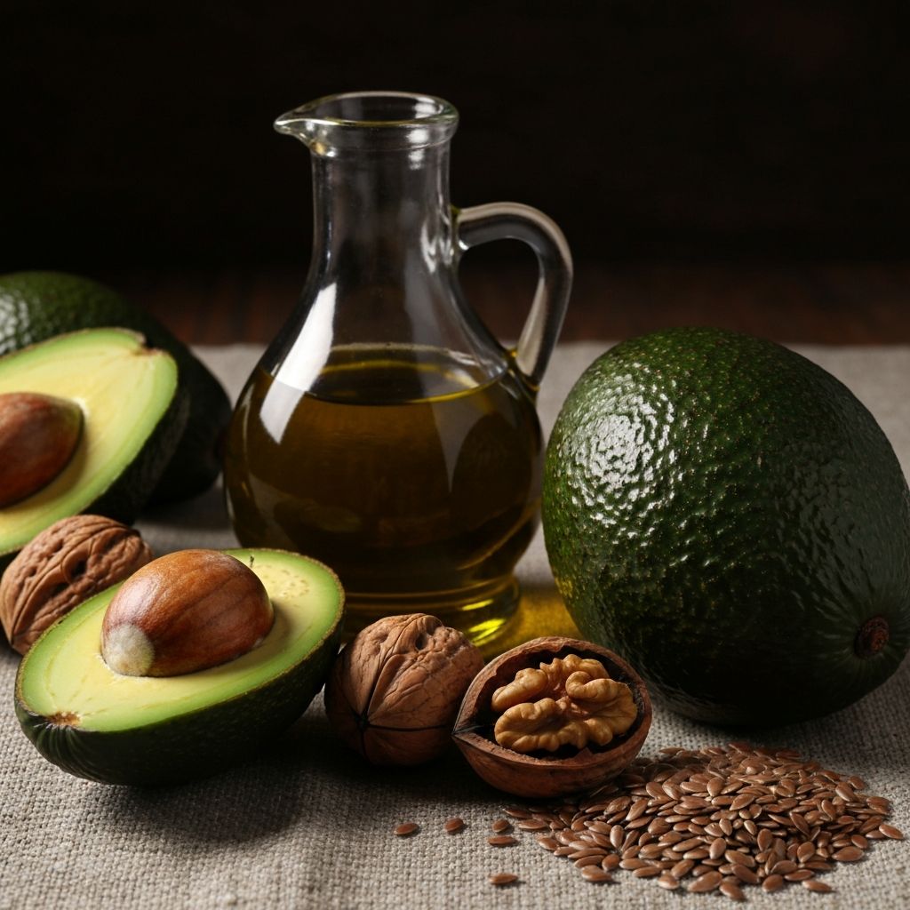 Avocados, walnuts, olive oil and flaxseeds on a linen surface
