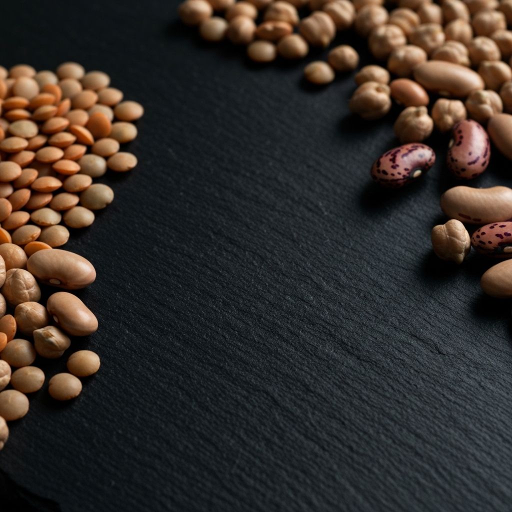 Legumes, lentils and chickpeas on a dark slate surface