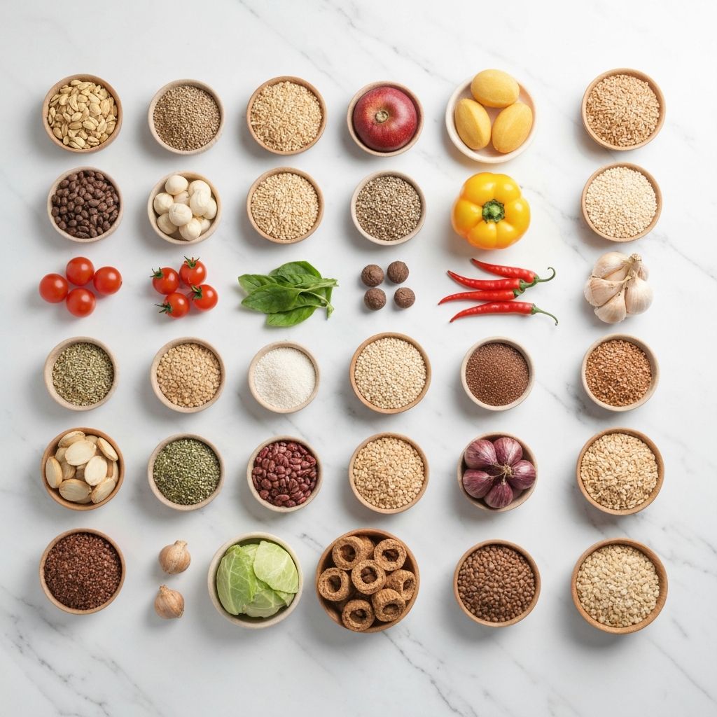 Colorful whole natural foods including vegetables, fruits and grains arranged on white marble