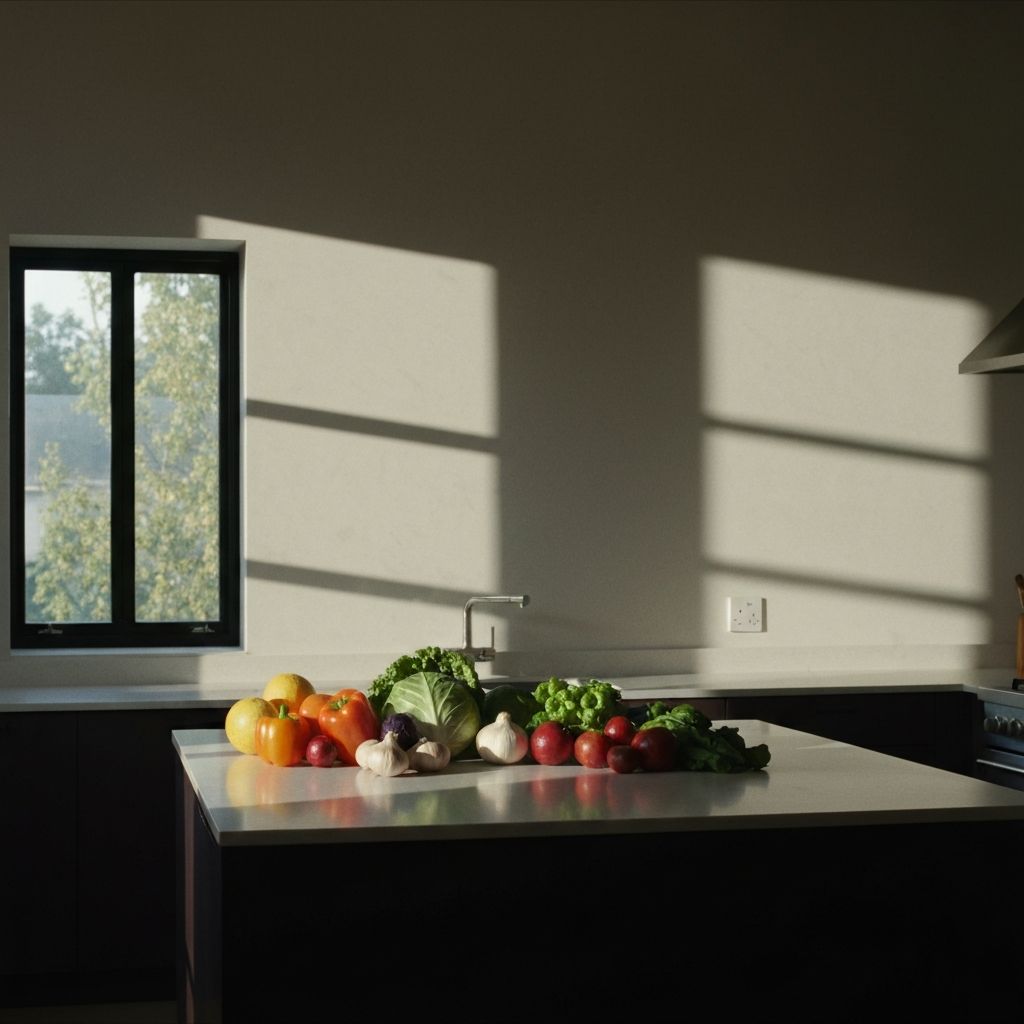 Clean modern kitchen environment with fresh vegetables and fruits on the counter in natural window light